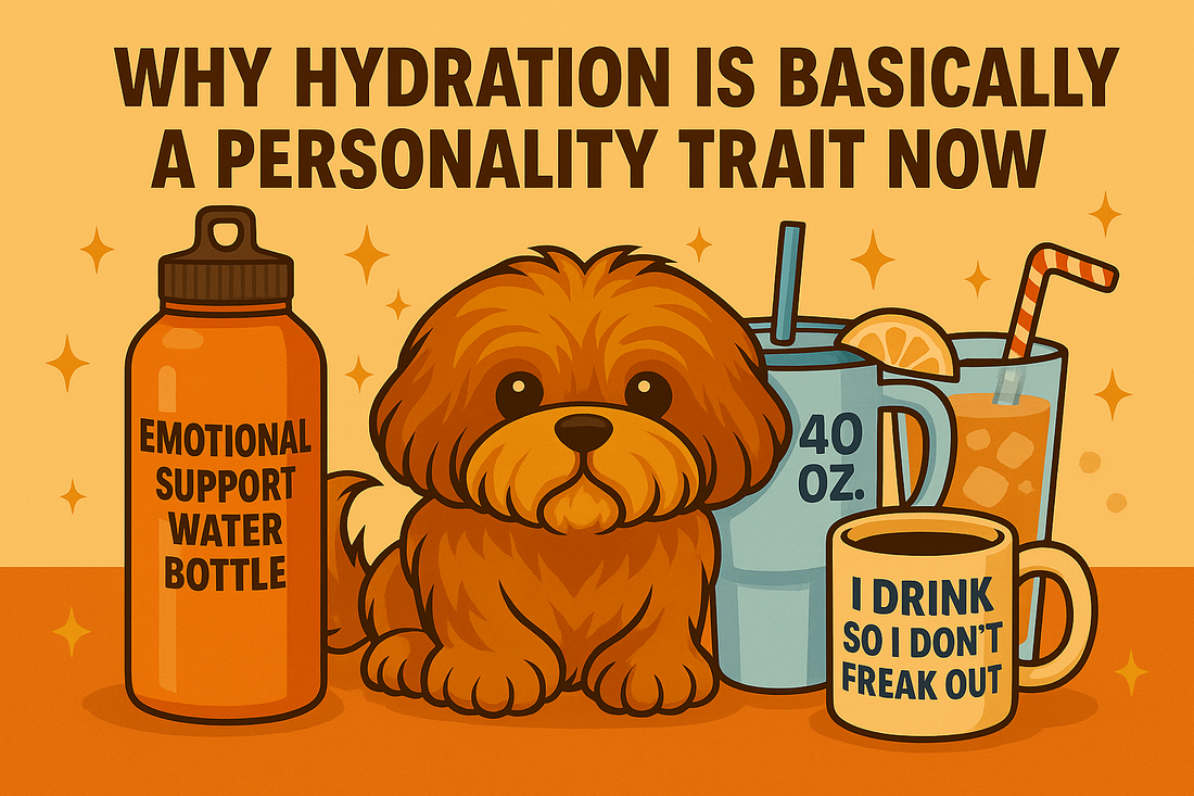 Image featuring the Dual Threads pup and various drinkware items