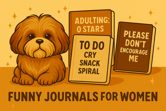 Puppy Dog surrounded by custom journals created by Dual Threads