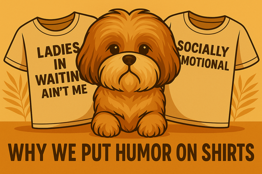 Illustration of a Shih Tzu with two funny graphic tees and the title "Why We Put Humor on Shirts.