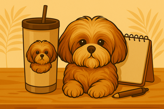 Illustration of a Shih Tzu with a tumbler, notebook, and pen on a wooden surface.