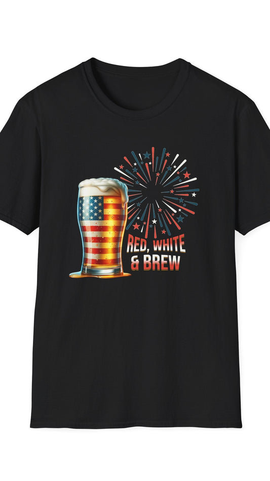 Black t-shirt with a glass of beer and fireworks design on a white background