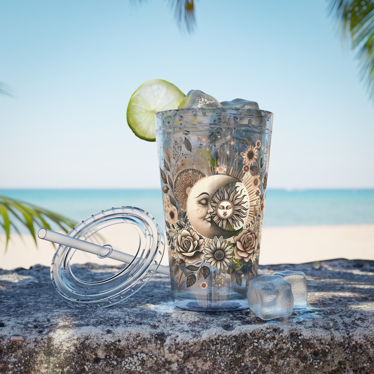 Celestial Sun & Moon Floral 16oz Insulated Tumbler with Straw