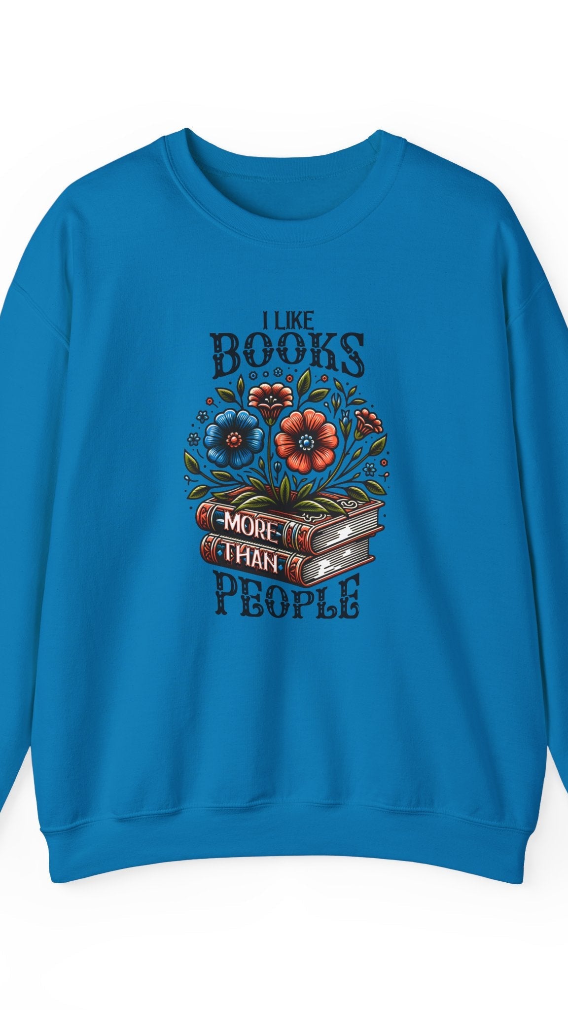 Blue sweatshirt with floral design and text on a white background