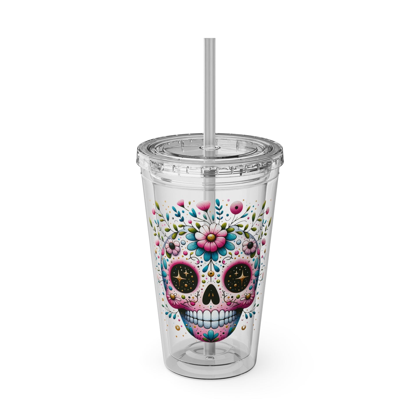 Colorful tumbler featuring a floral sugar skull design with lid and straw, inspired by Día de los Muertos