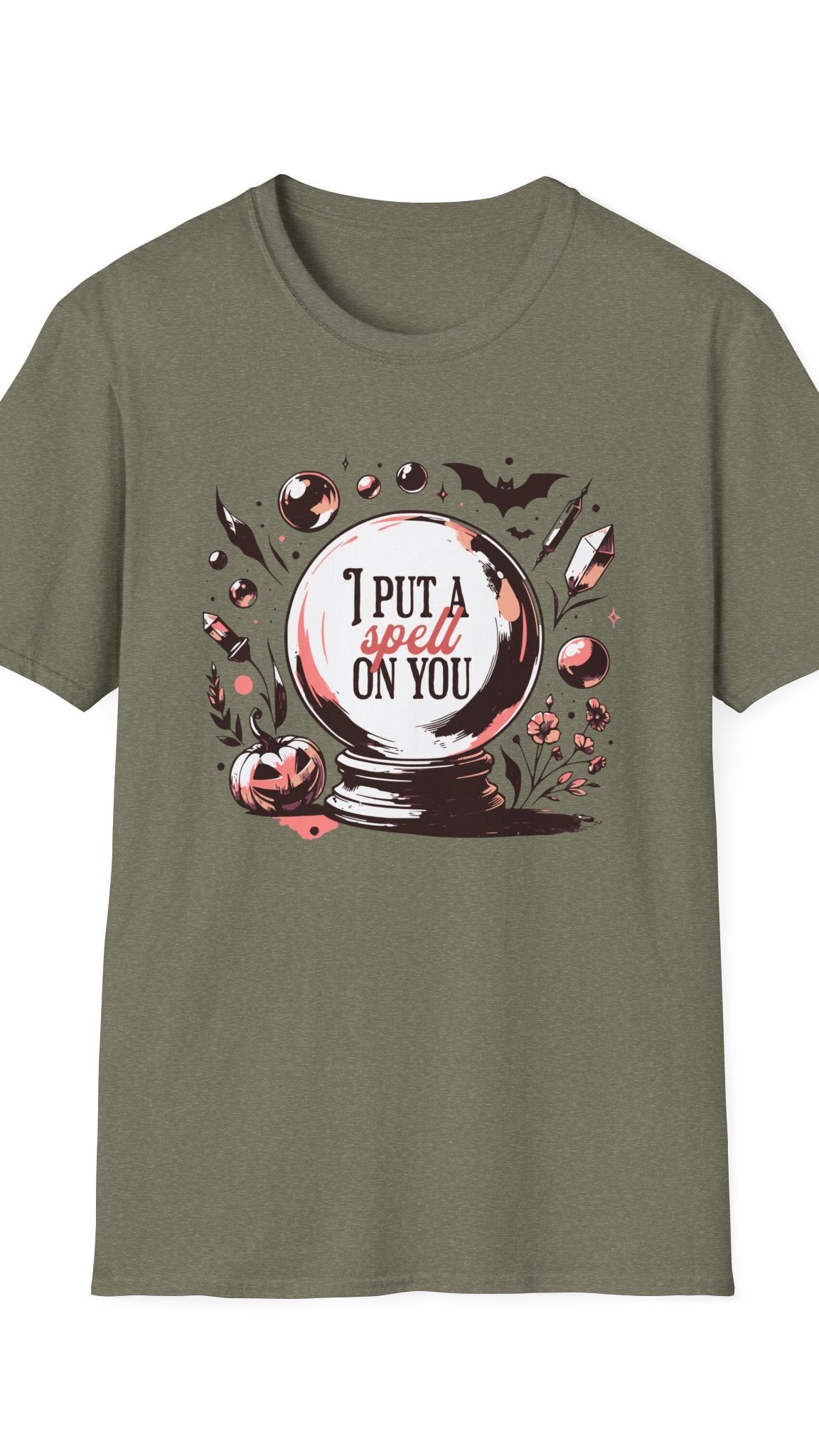 Green t-shirt with a graphic design of a crystal ball and text on a white background