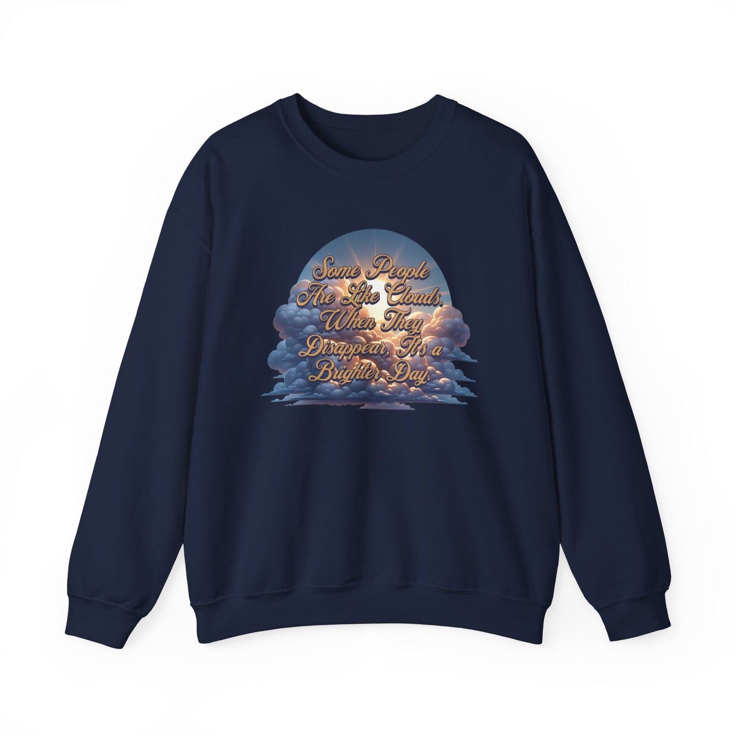 Navy blue sweatshirt with a cloud design and text on a white background