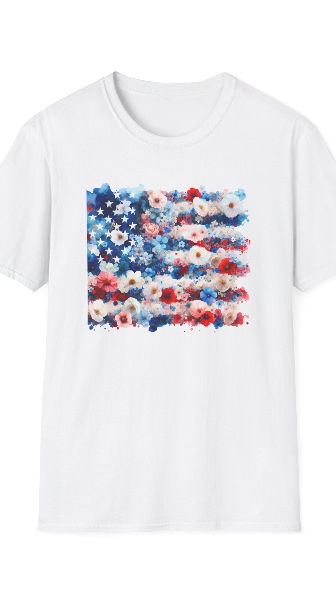 White t-shirt with a colorful floral American flag design on a white background