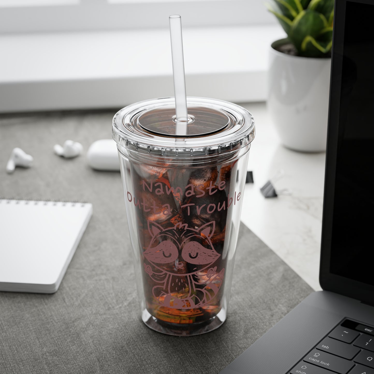 Namaste Outta Trouble Raccoon 16oz. Insulated Tumbler with Straw