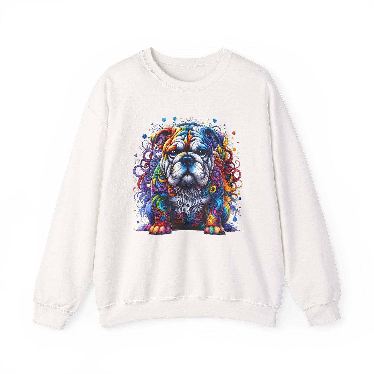 White sweatshirt with a colorful dog graphic on a white background