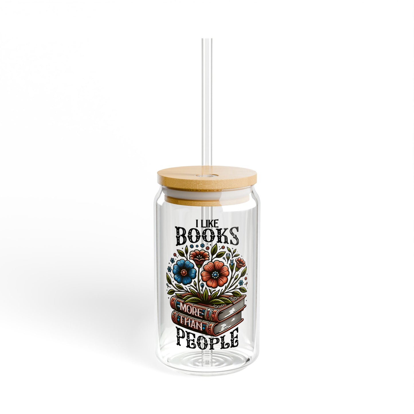 Books More Than People 16oz Sipper Glass with Bamboo Lid and Straw