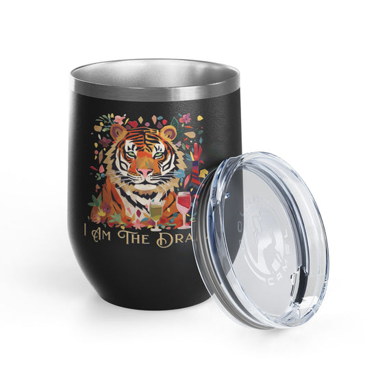 Black tumbler with a tiger design and 'I am the drama' text on a white background