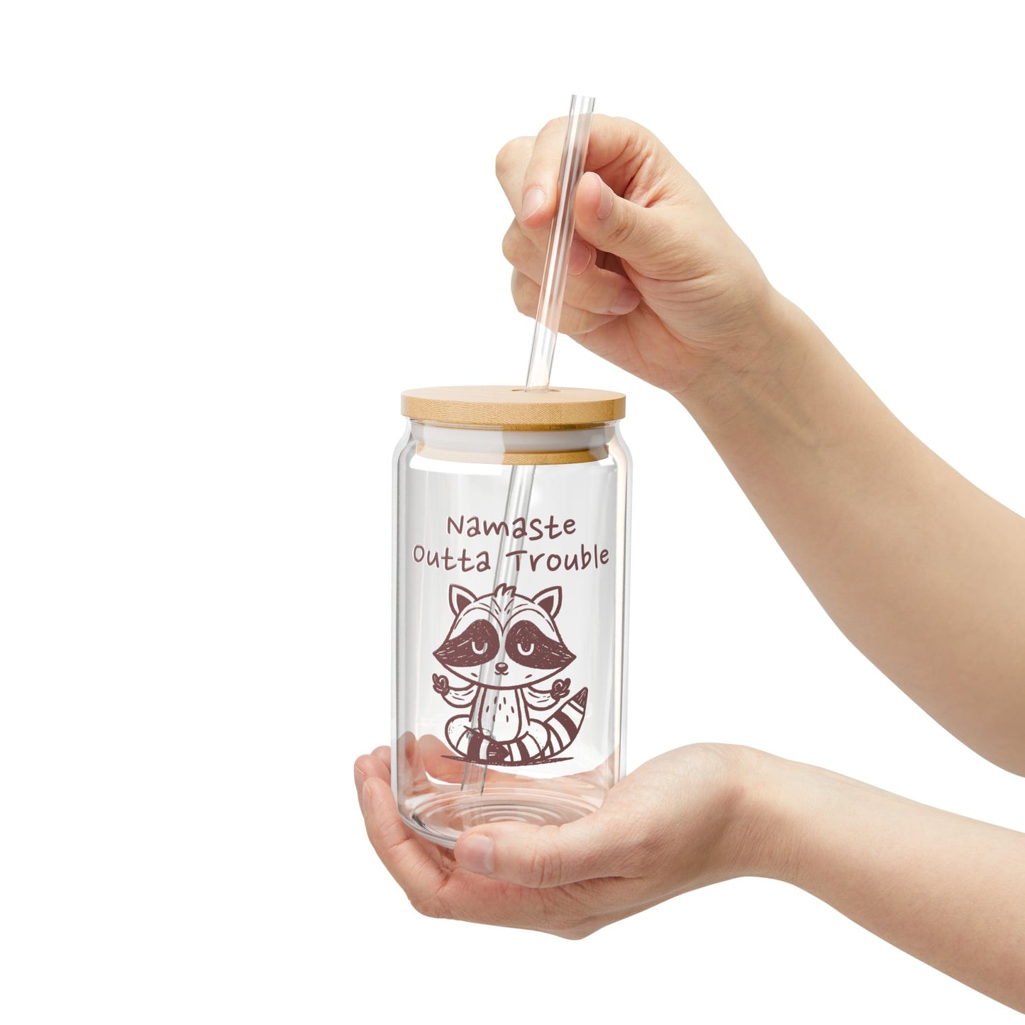 Namaste Outta Trouble Raccoon 16oz Sipper Glass with Bamboo Lid & Straw