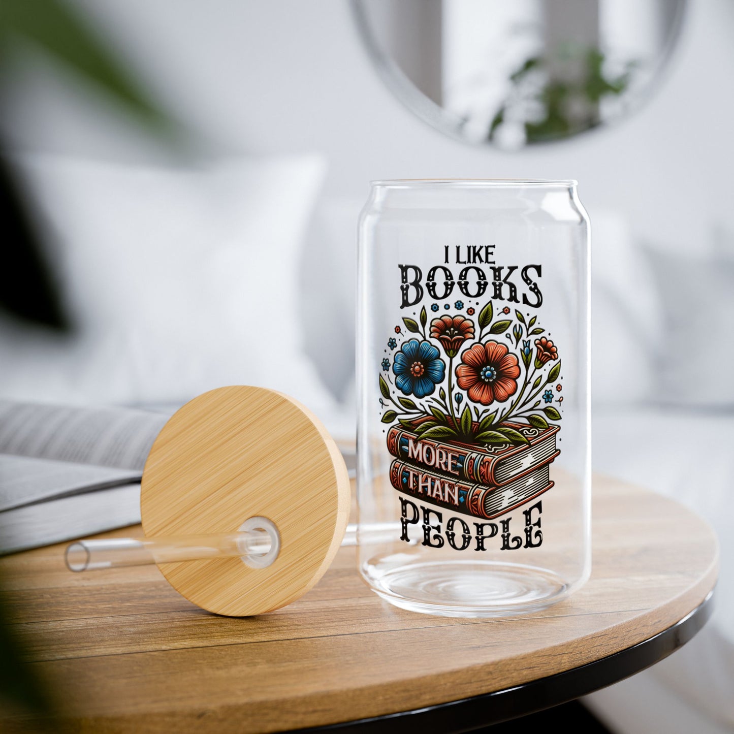Books More Than People 16oz Sipper Glass with Bamboo Lid and Straw