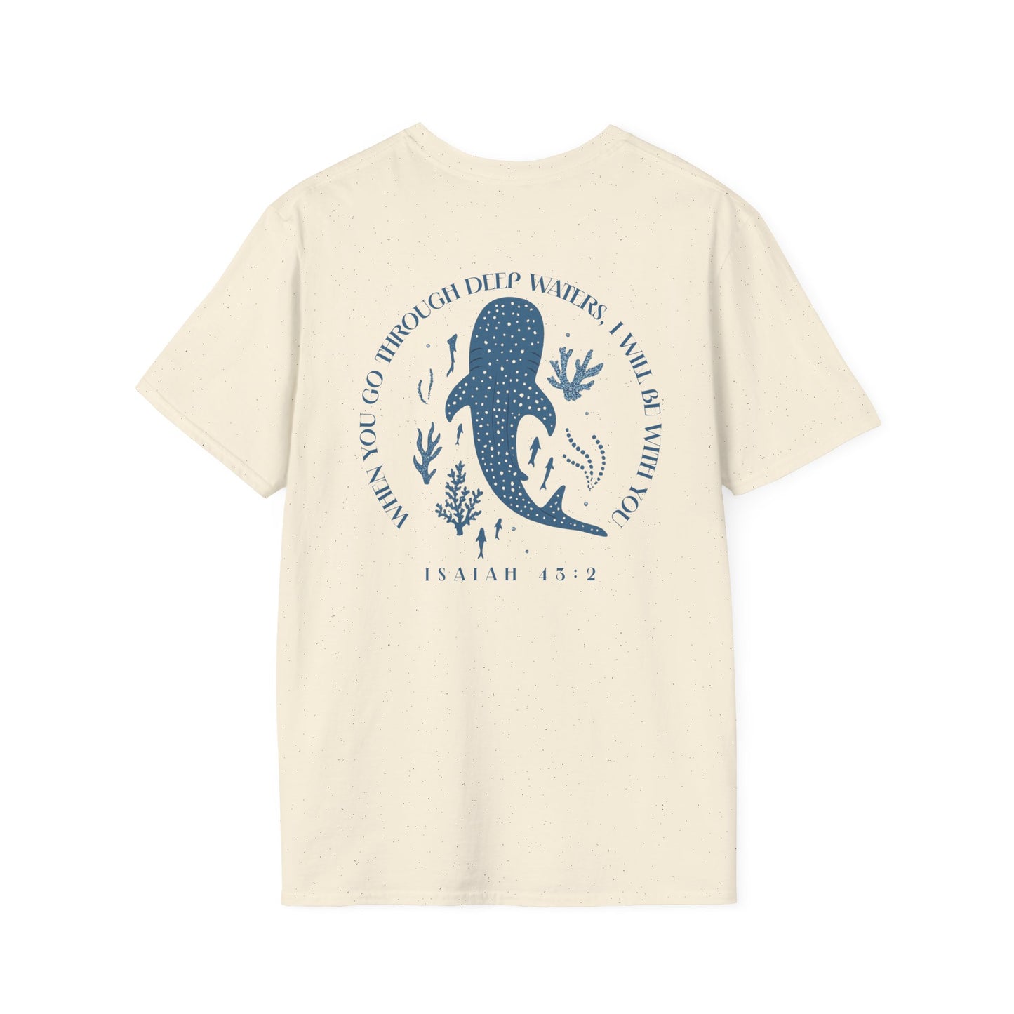 Beige t-shirt with blue whale graphic and text on a white background