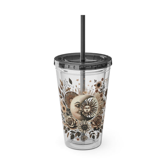 Celestial Sun & Moon Floral 16oz Insulated Tumbler with Straw