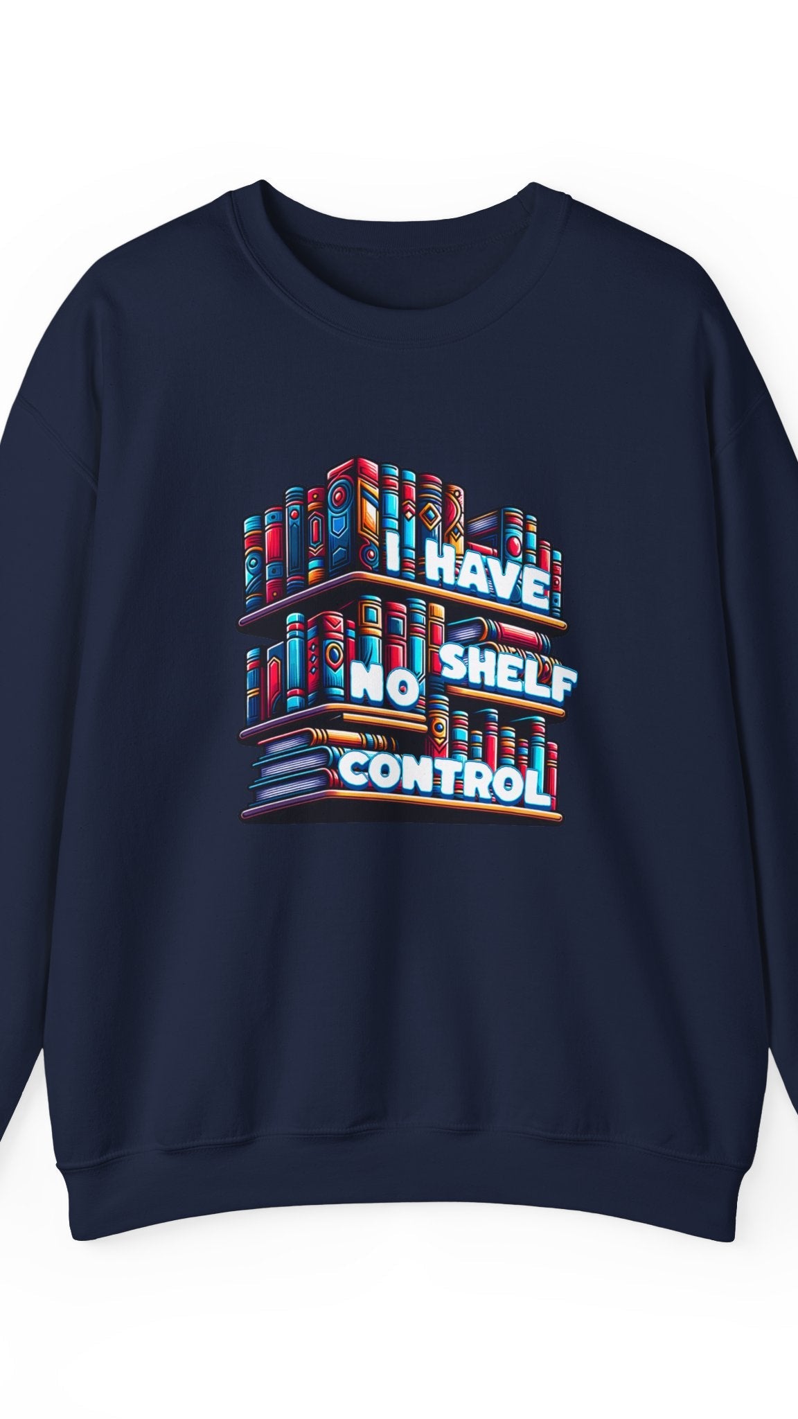 Navy blue sweatshirt with colorful bookshelf design and text on a white background