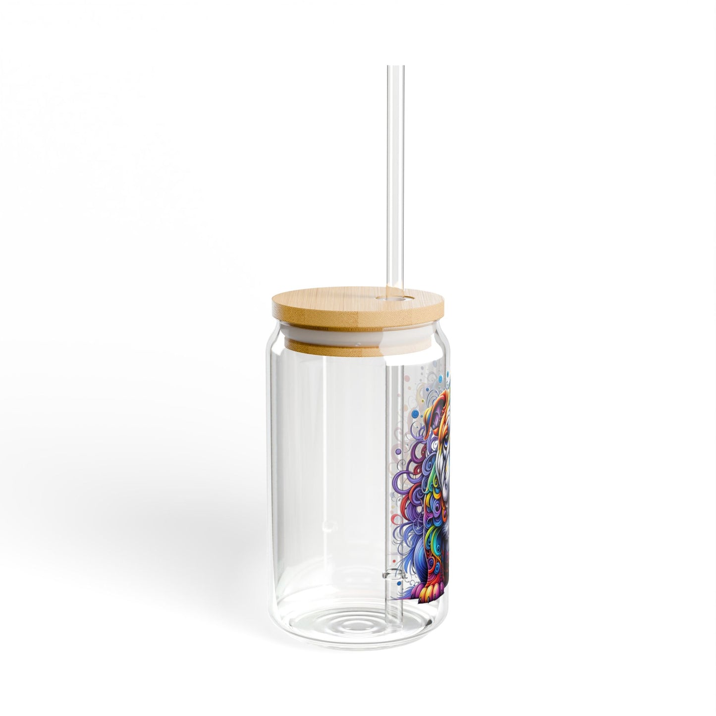 Colorful Bulldog 16oz. Sipper Glass with Bamboo Lid and Straw