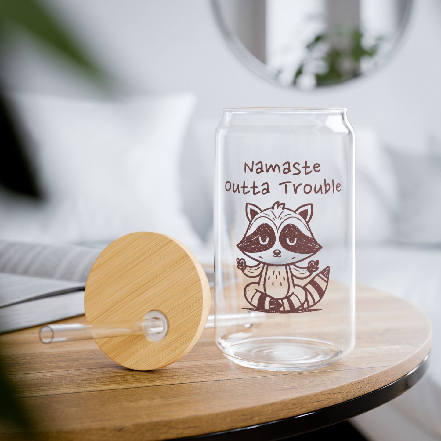 Namaste Outta Trouble Raccoon 16oz Sipper Glass with Bamboo Lid & Straw