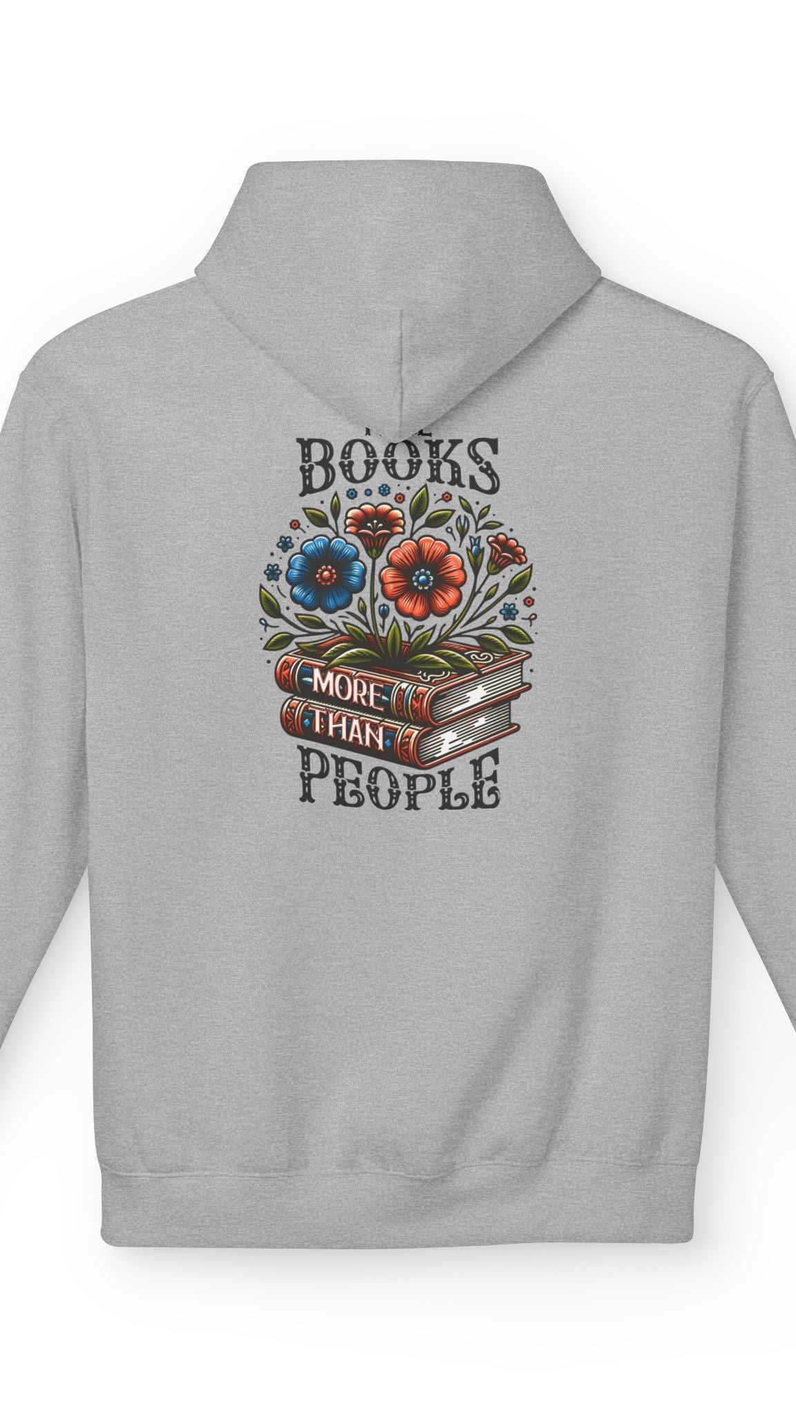 Gray hoodie with floral design and text on the back against a white background