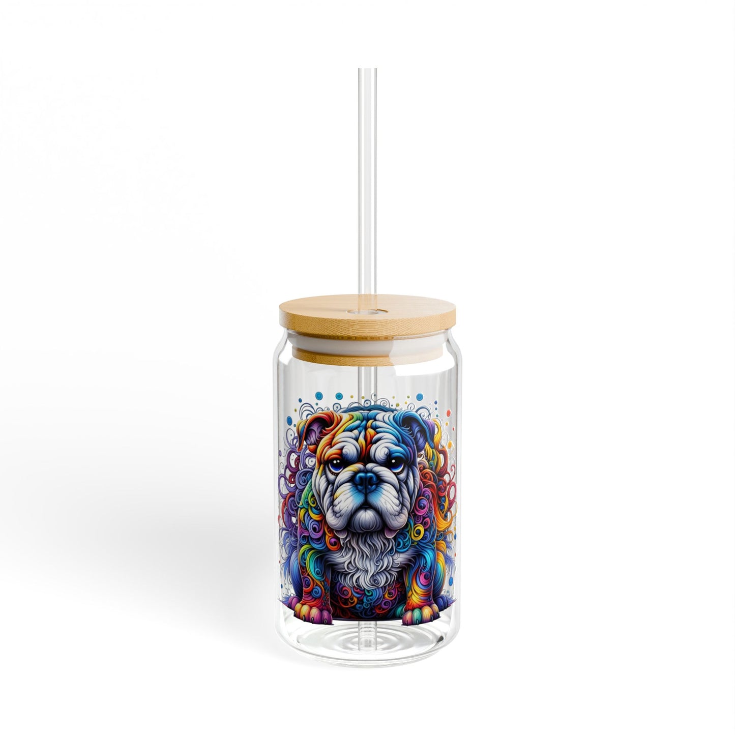Colorful Bulldog 16oz. Sipper Glass with Bamboo Lid and Straw