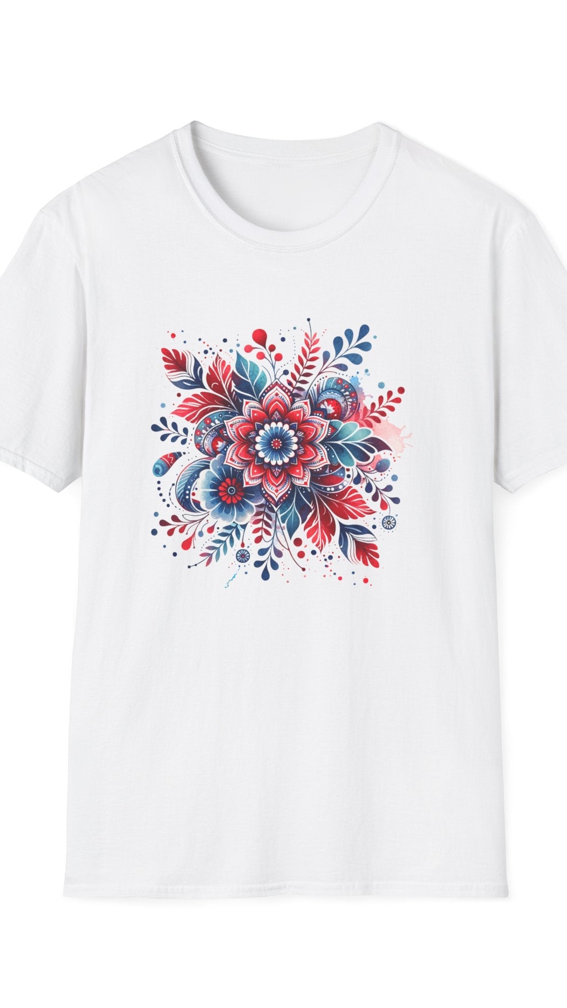 White t-shirt with a colorful floral design on a white background