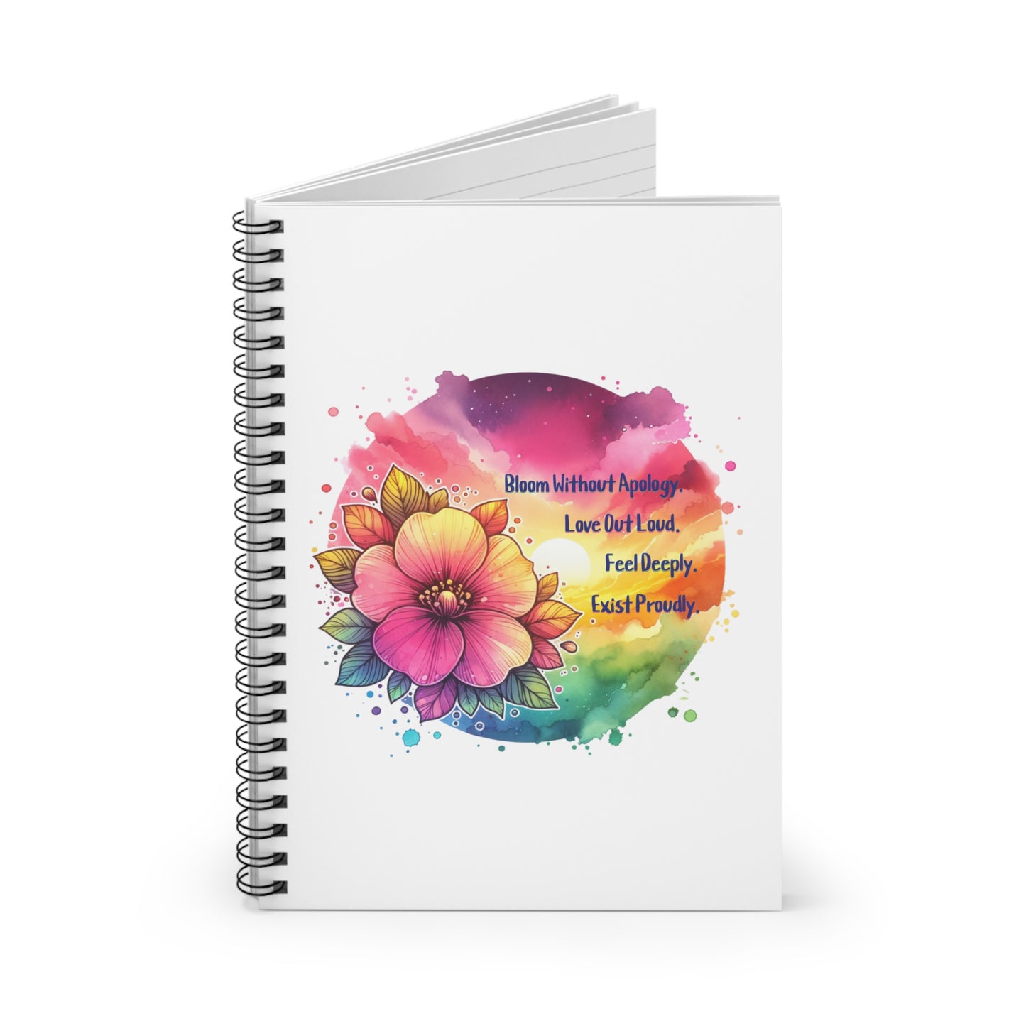 Notebook with a colorful floral design and text on the cover