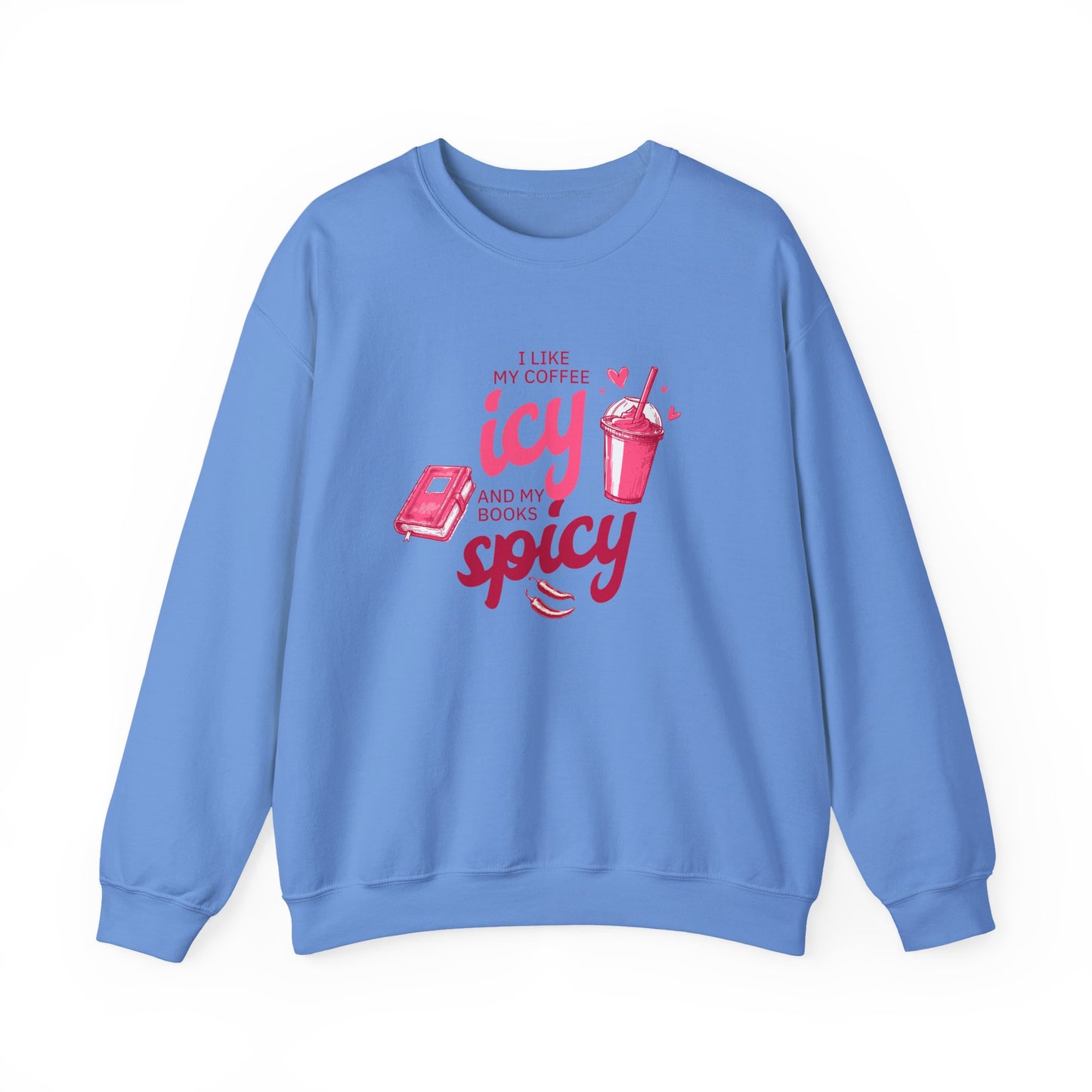 Blue sweatshirt with red text and graphics on a white background