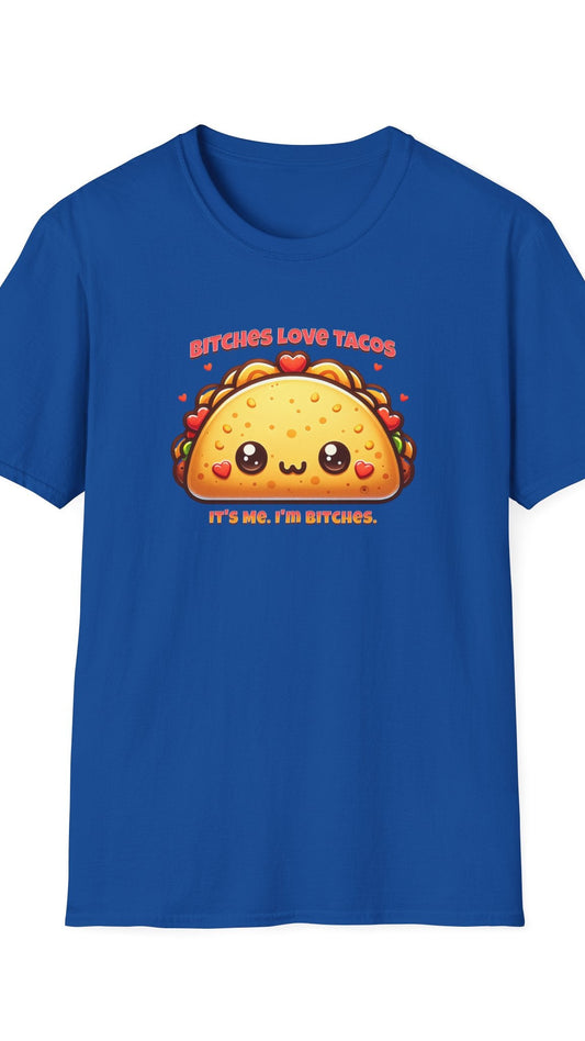 Blue t-shirt with a cartoon taco graphic and text on a white background