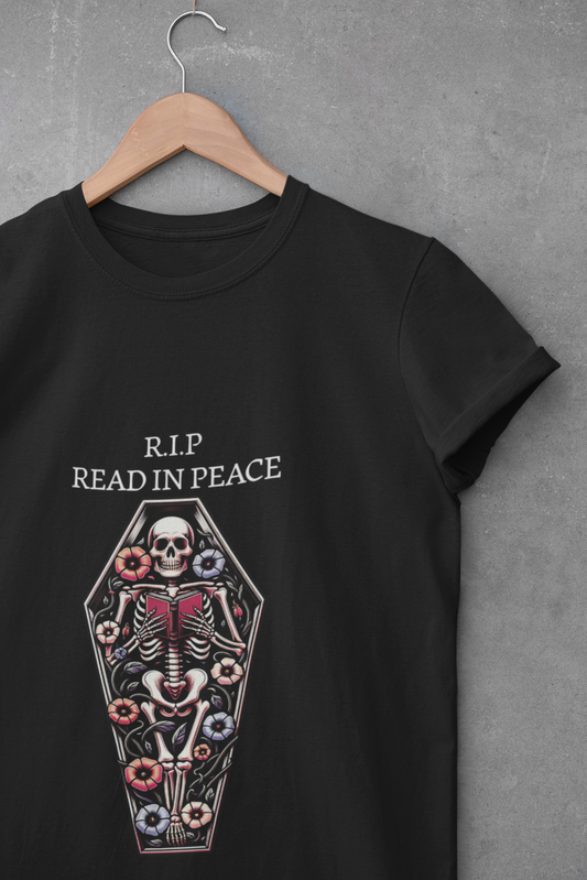Black t-shirt with skeleton design and 'R.I.P Read in Peace' text on a gray background