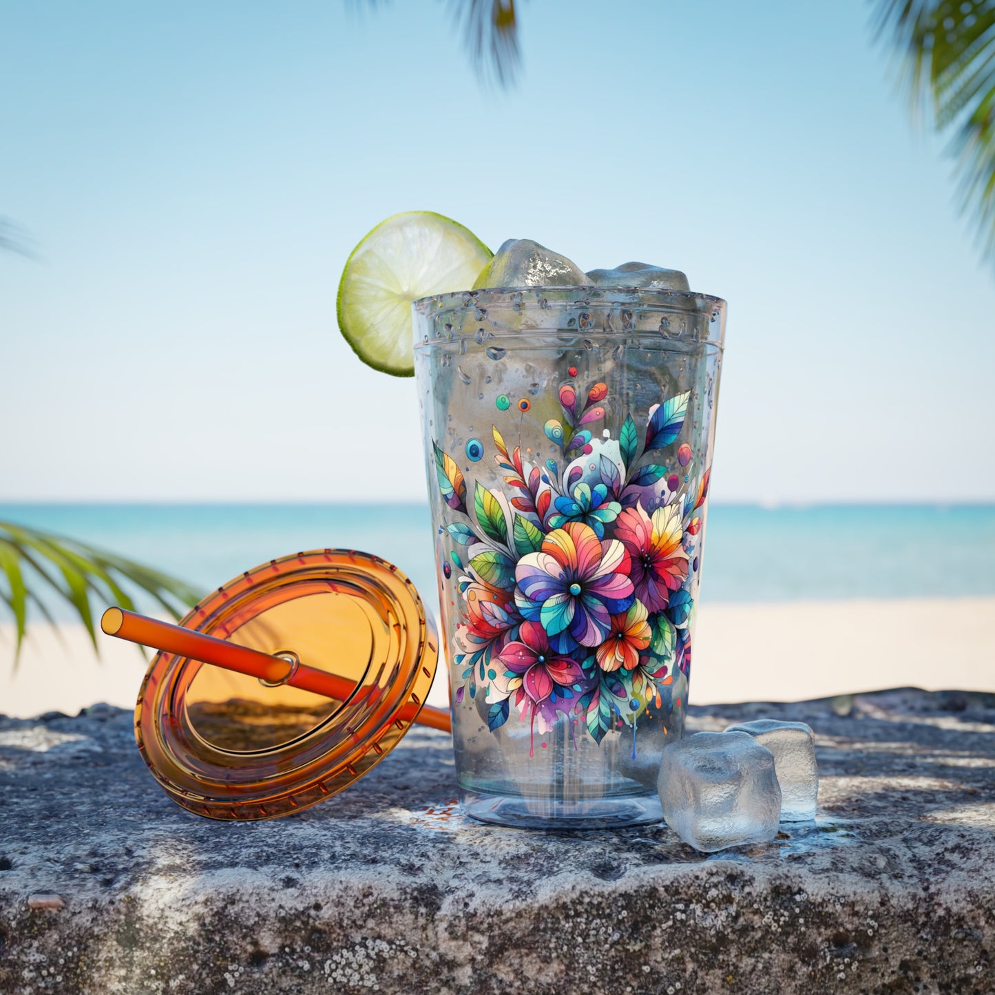 Rainbow Floral Explosion 16oz. Insulated Tumbler with Straw