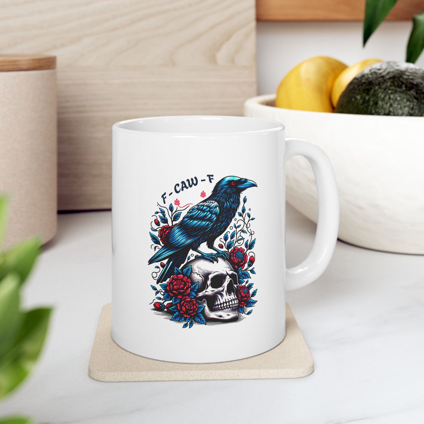 “Caw-Feine” Raven & Skull Ceramic Mug