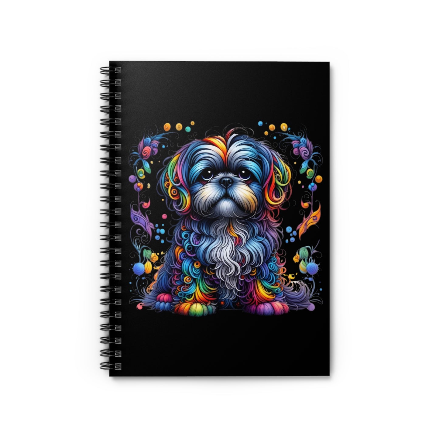 Notebook with a colorful dog illustration on a black background