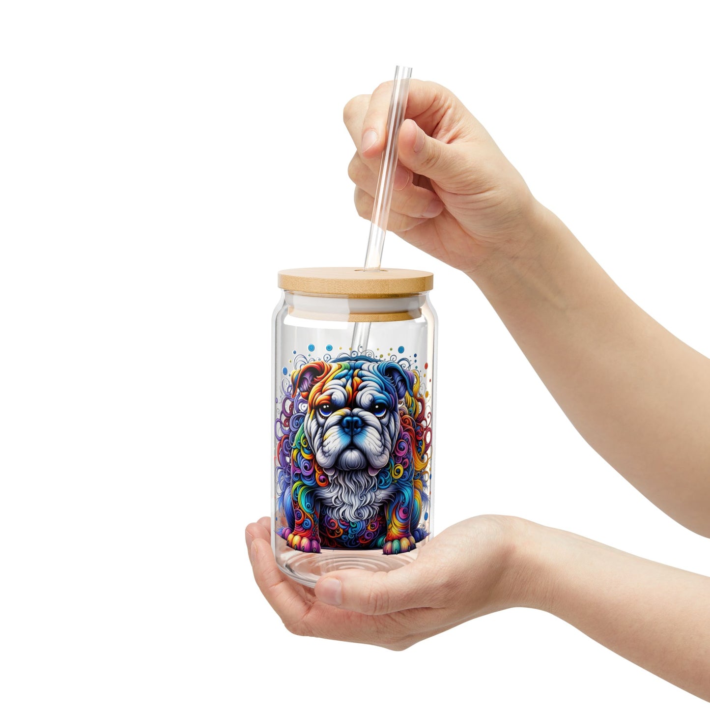 Colorful Bulldog 16oz. Sipper Glass with Bamboo Lid and Straw