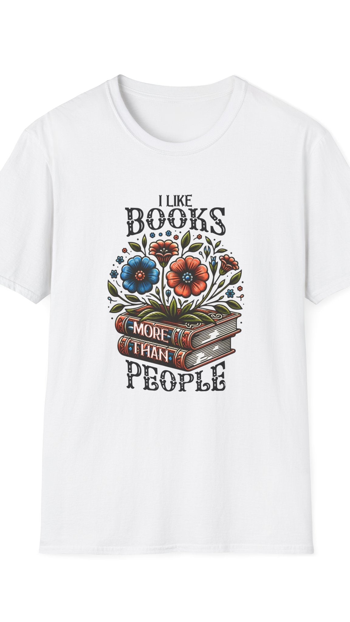 White t-shirt with floral book design and text on a white background
