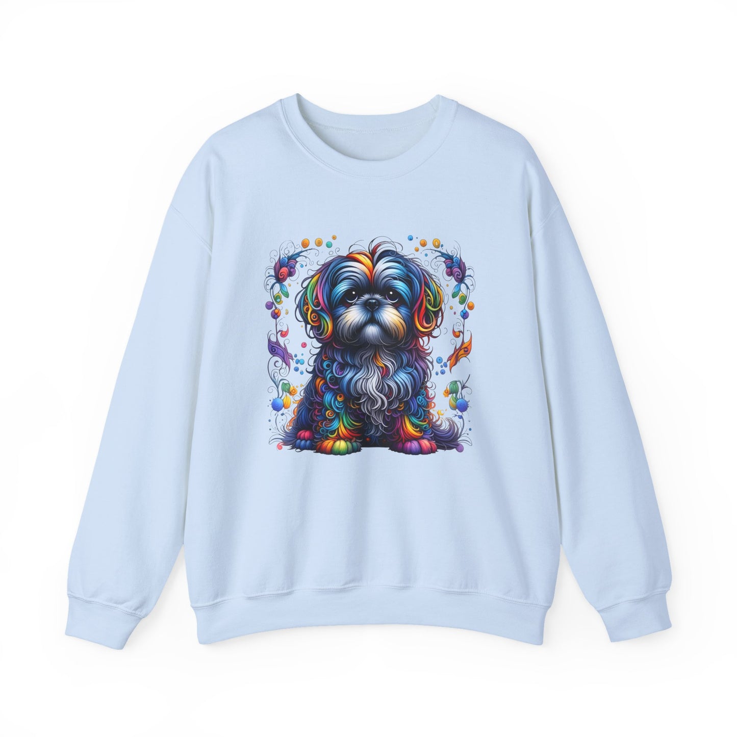 Light blue sweatshirt with a colorful shih tzu dog design on a white background
