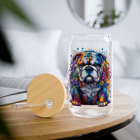Colorful Bulldog 16oz. Sipper Glass with Bamboo Lid and Straw