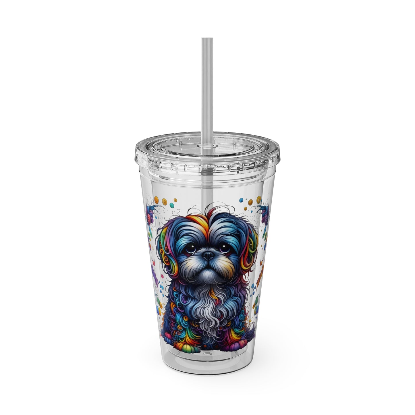 Clear tumbler with a colorful dog illustration on a white background