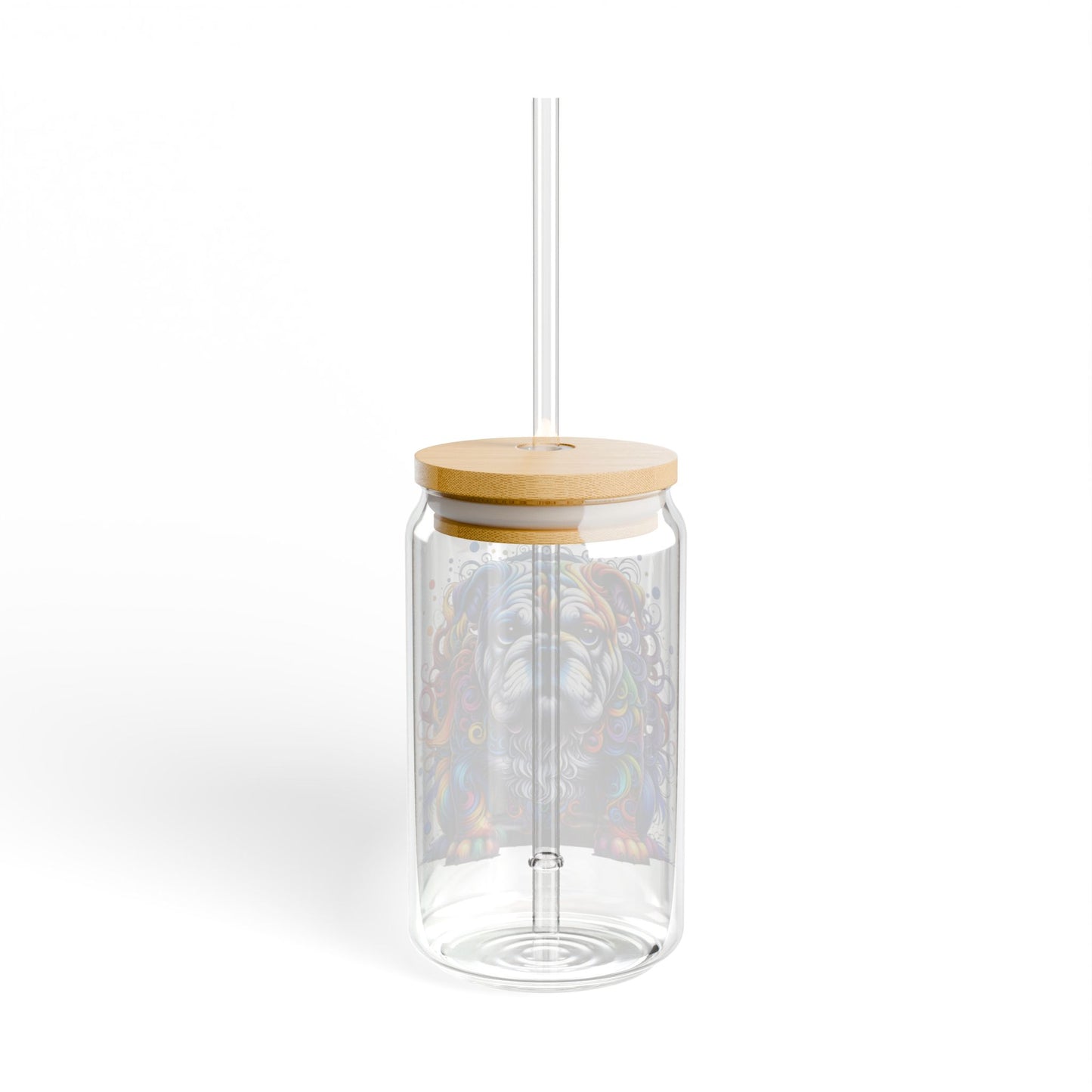 Colorful Bulldog 16oz. Sipper Glass with Bamboo Lid and Straw