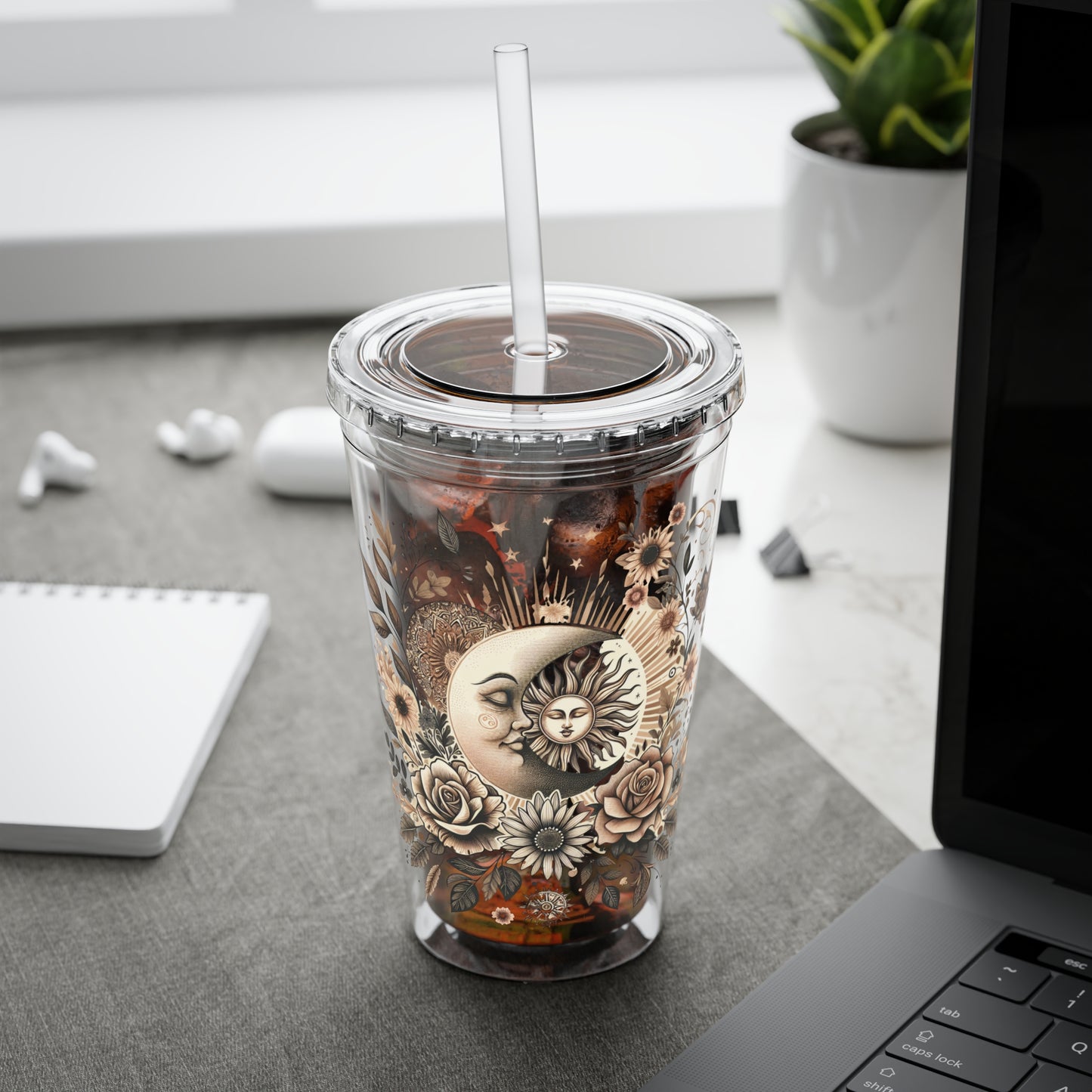 Celestial Sun & Moon Floral 16oz Insulated Tumbler with Straw