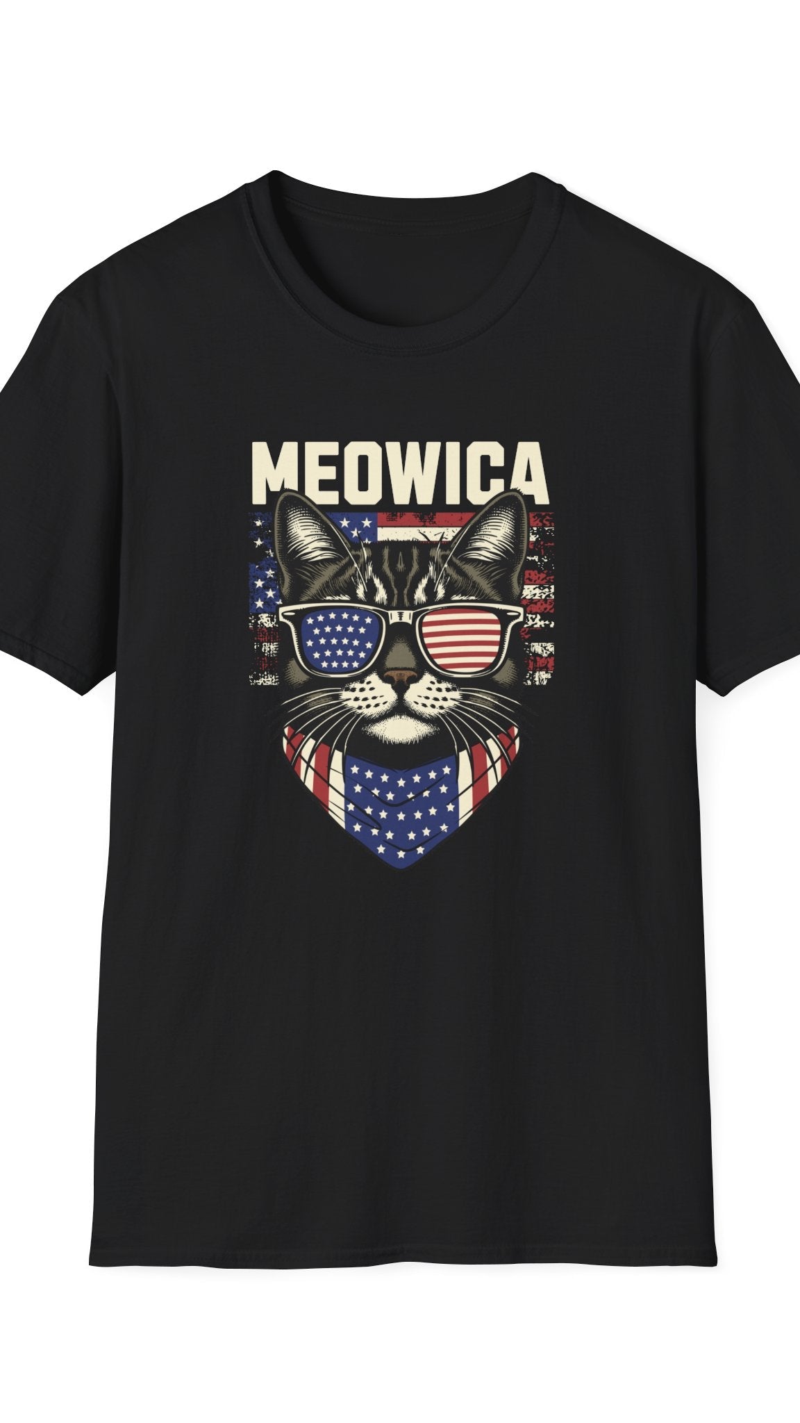 Black t-shirt with a cat graphic wearing sunglasses and the word 'MEOWICA' on a white background