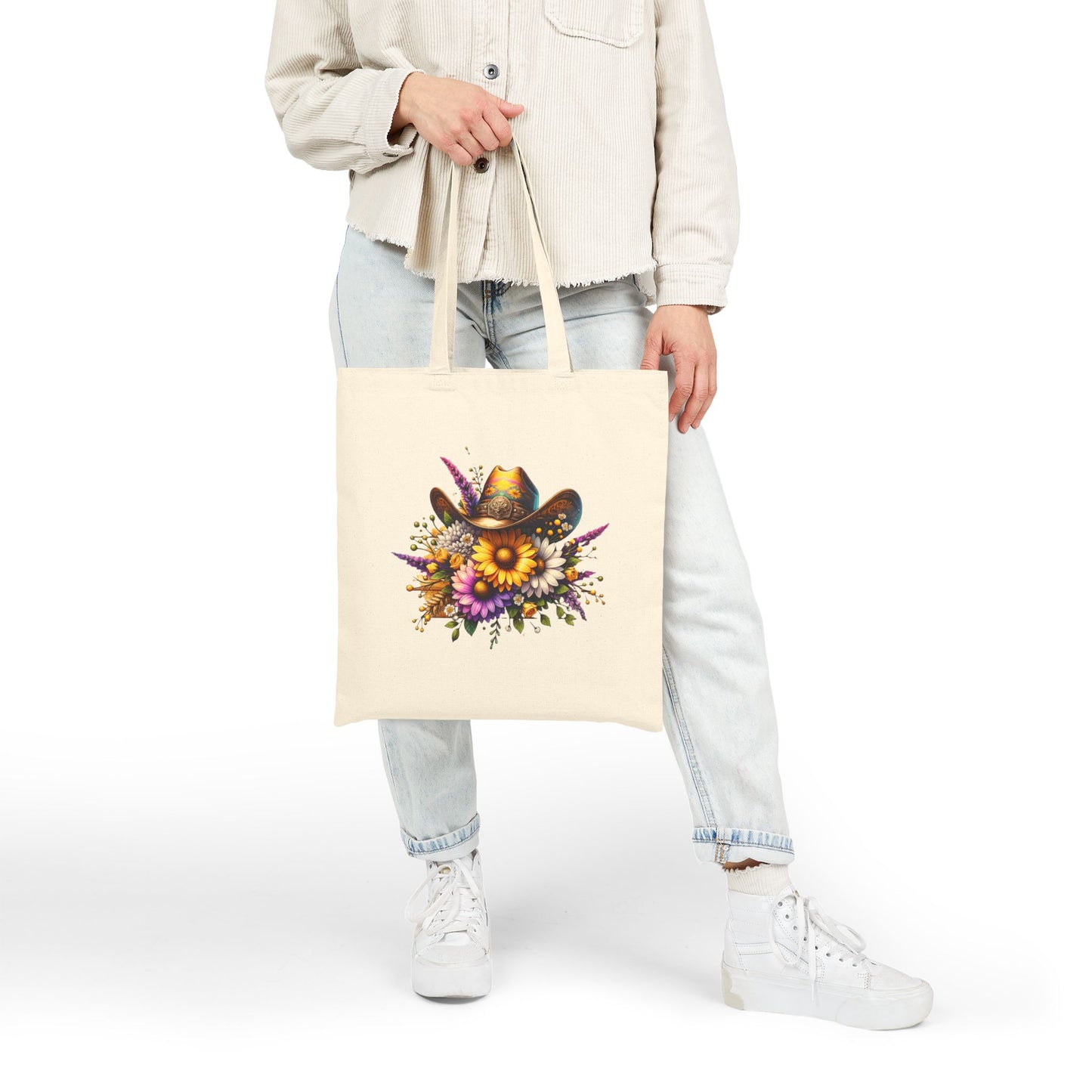 Boho Floral Cowgirl Cotton Canvas Tote Bag