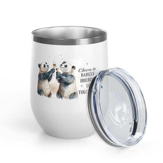 White tumbler with silver lid featuring two bears and text on a white background