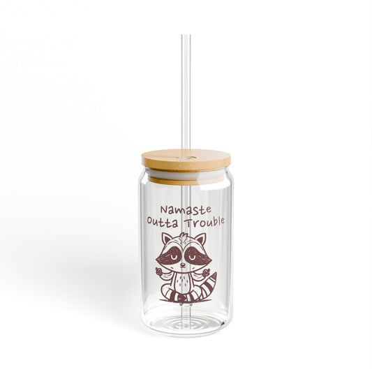 Namaste Outta Trouble Raccoon 16oz Sipper Glass with Bamboo Lid & Straw