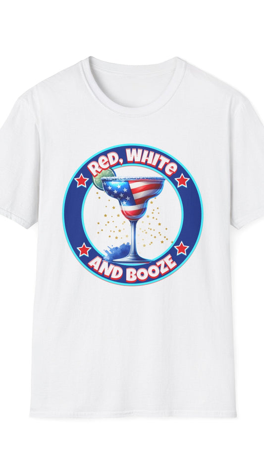White t-shirt with a graphic of a cocktail glass and 'Red, White and Booze' text on a white background
