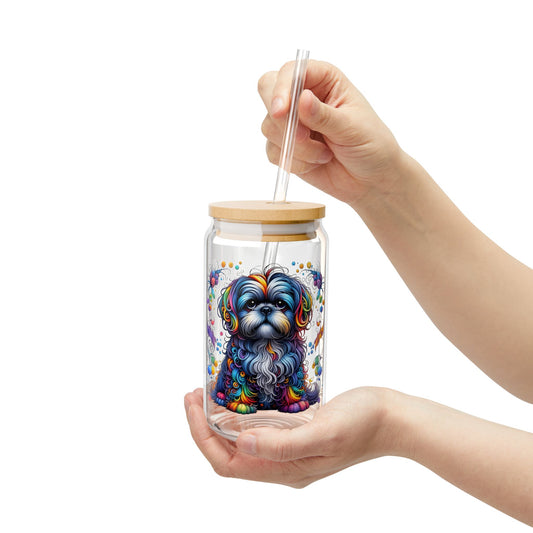 Colorful Shih Tzu Sipper Glass, 16oz with Bamboo Lid & Straw