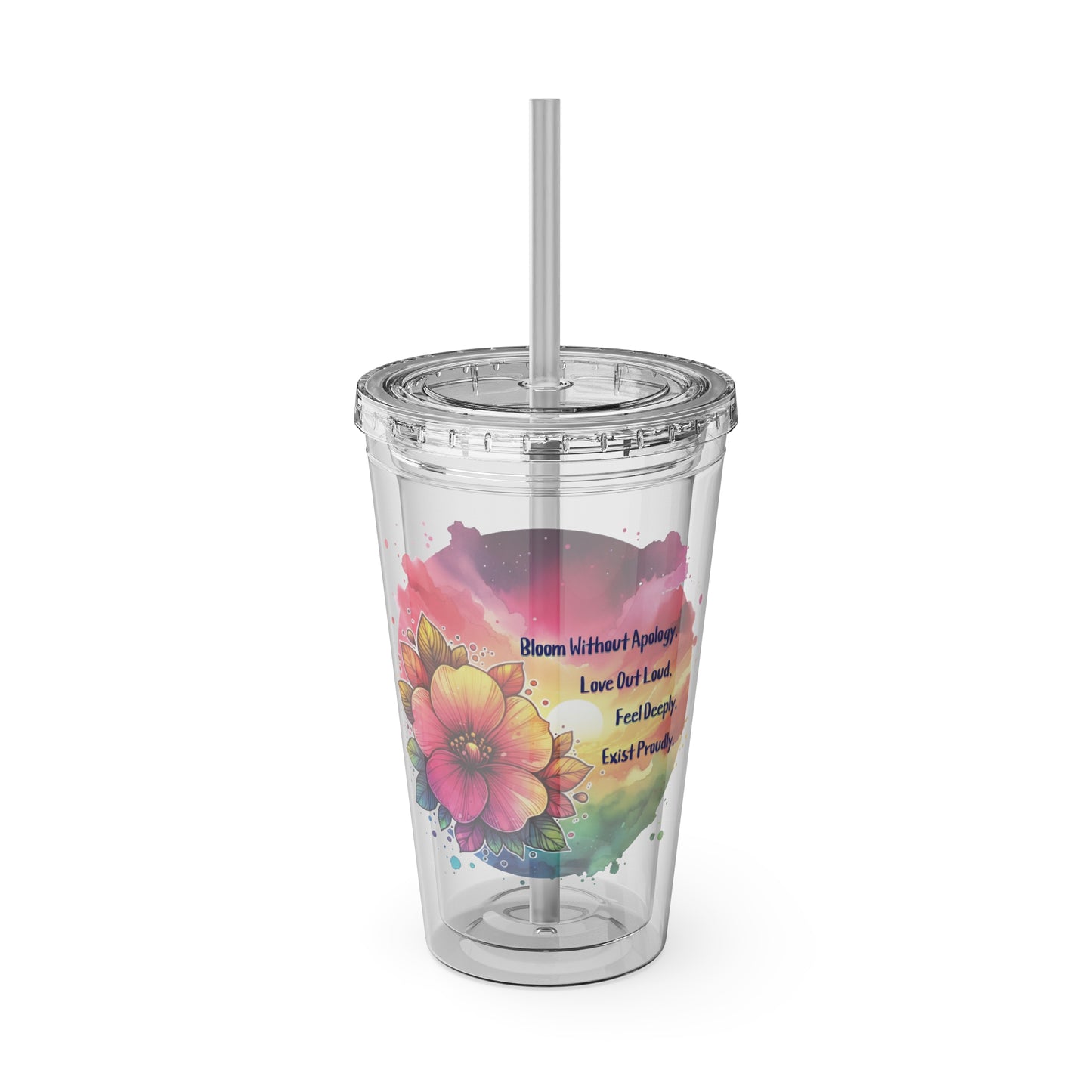 Clear tumbler with colorful floral design and text on a white background