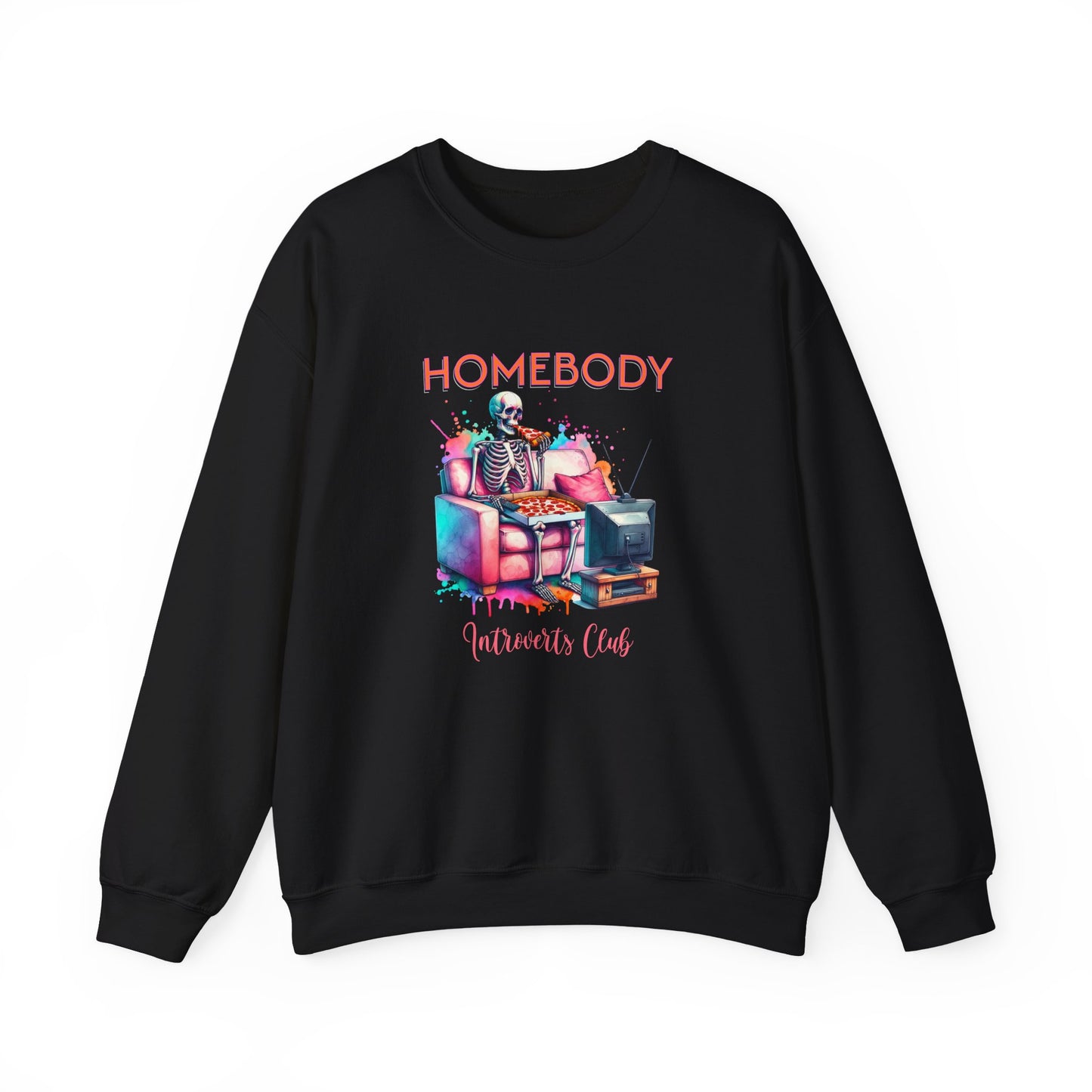 Black sweatshirt with colorful graphic and 'Homebody' text on a white background