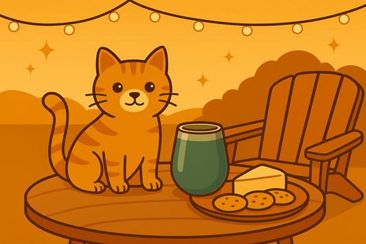 Image of a cat chilling outside by a wine tumbler and plate of crudites