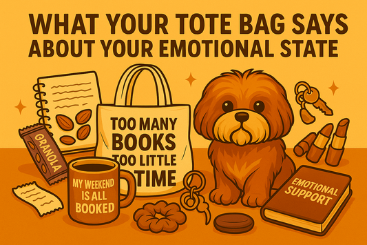 Flat lay of emotionally supportive tote contents on cozy surface