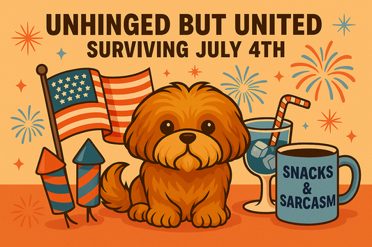 Image featuring the Dual Thread's pup, the US flag, fireworks, and celebratory beverages